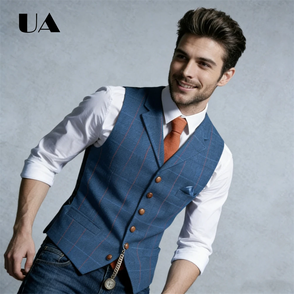 Blue Plaid Men's Waistcoat Wool-blend Plaid Fabric Chest Pocket Ideal for Formal Events, Wedding, Prom Party