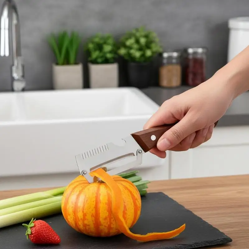Ktchen Multi-function Stainless Steel Thickened Fruit Peeler Knife With Wooden Handle Multi-functional Vegetable Peeler