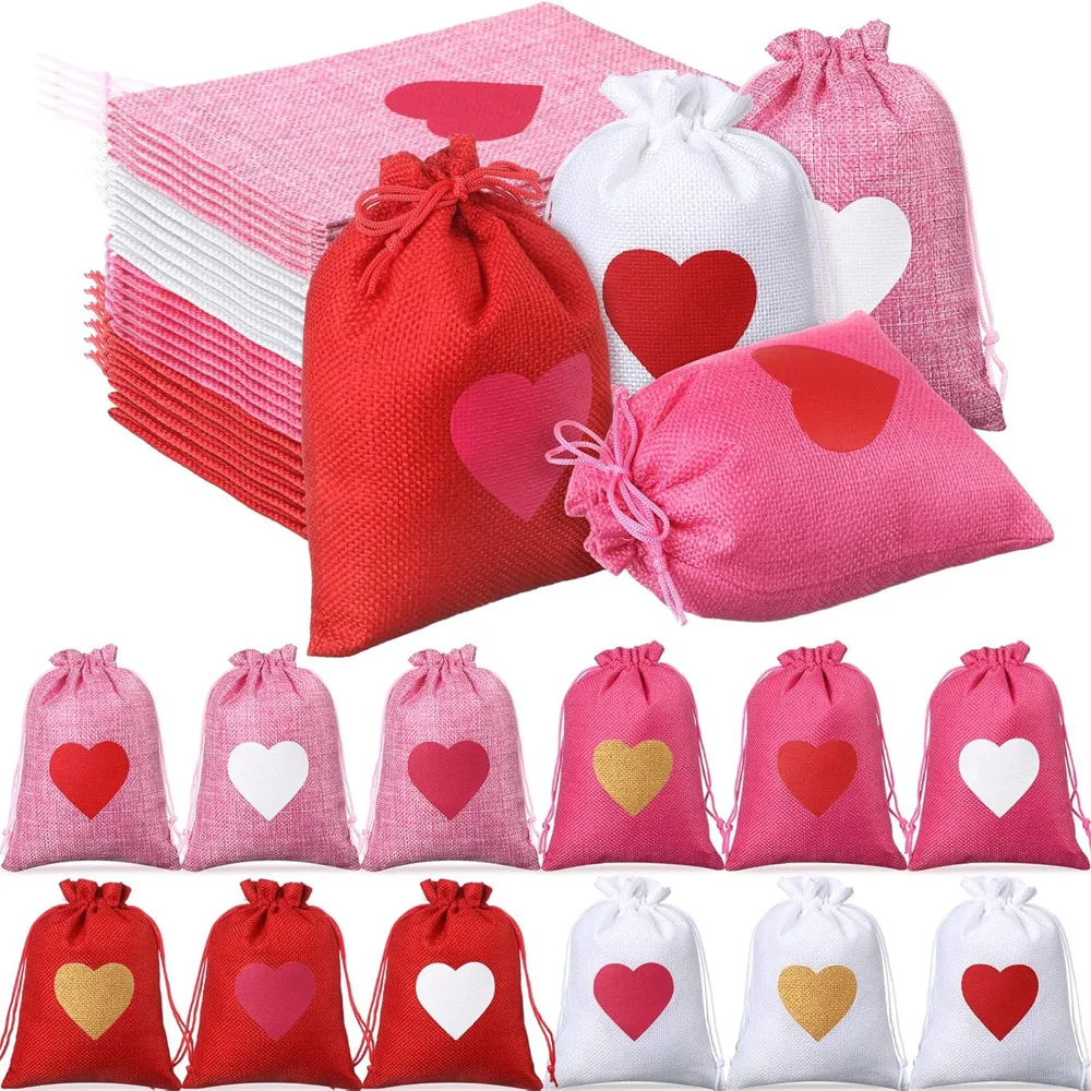 36pcs/lot 2026 New Valentine's Day Gift Pouches Heart Shaped Burlap Linen Bag Wedding Birthday Party Drawstring Bags Wholesale