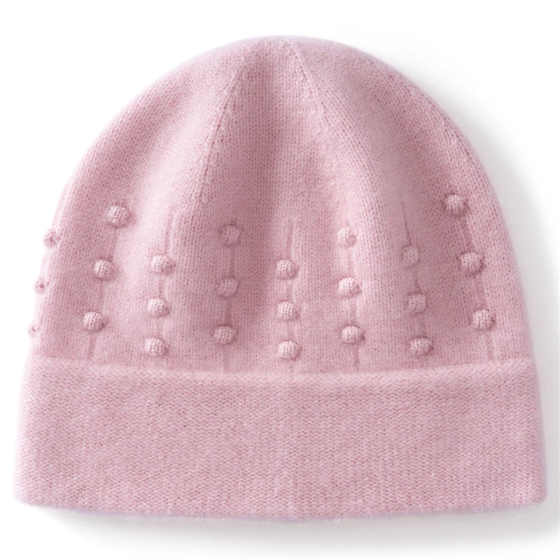 KOIJINSKY 100% Pure Cashmere Knit Beanie Popcorn Bobble Texture Fold Cuff Soft Warm Winter Hat for Women