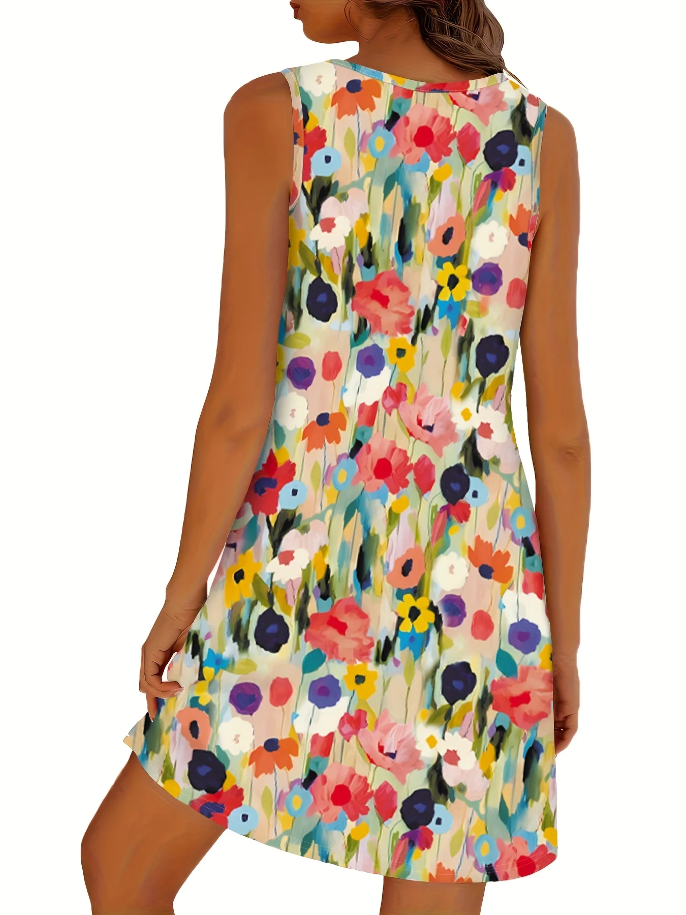 Mini abito fluido da donna senza maniche con scollo rotondo e stampa floreale ad acquerello colorato, casual estivo