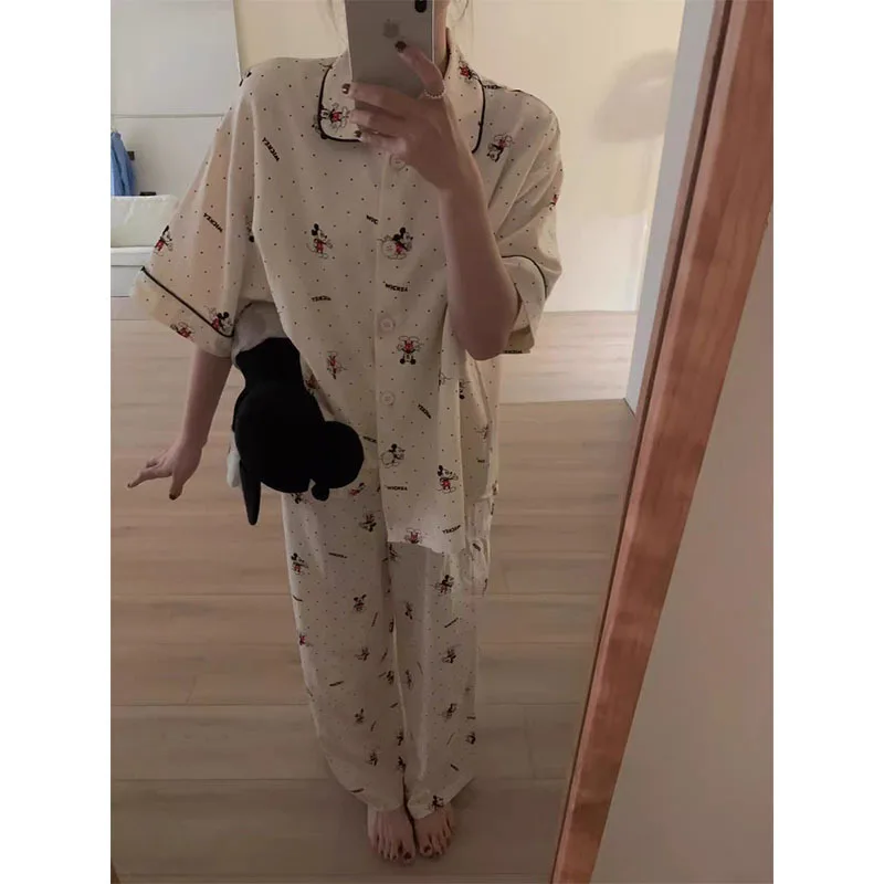 Disney Mickey Mouse Pajamas Set Cotton Women Short Sleeve Trousers Cartoon Korean Home Blouse Fashion Girls Cute Sleepwear Suit