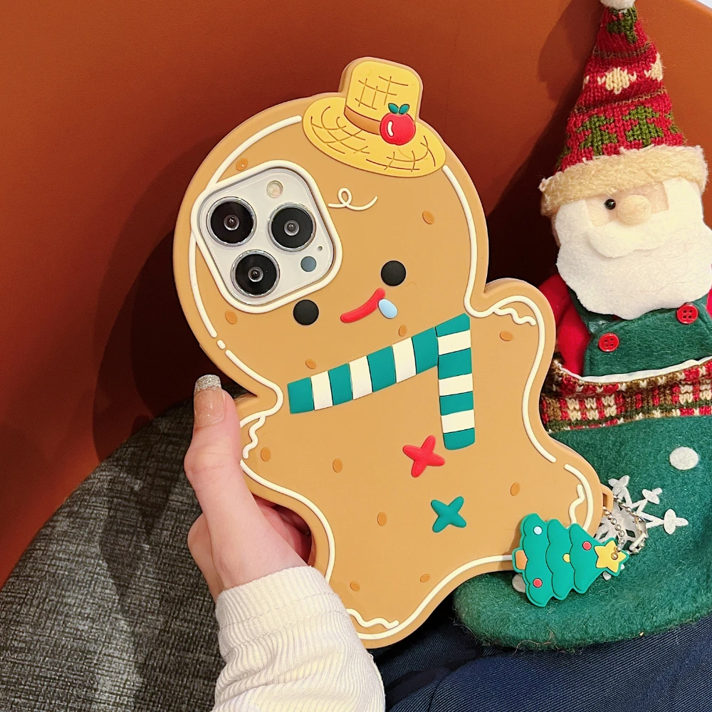 

3D Cartoon Christmas Gingerbread man With Lanyard Phone Case For iPhone 13 12 11 14 15 17 Pro Max 16 Plus Air Silicone Cover