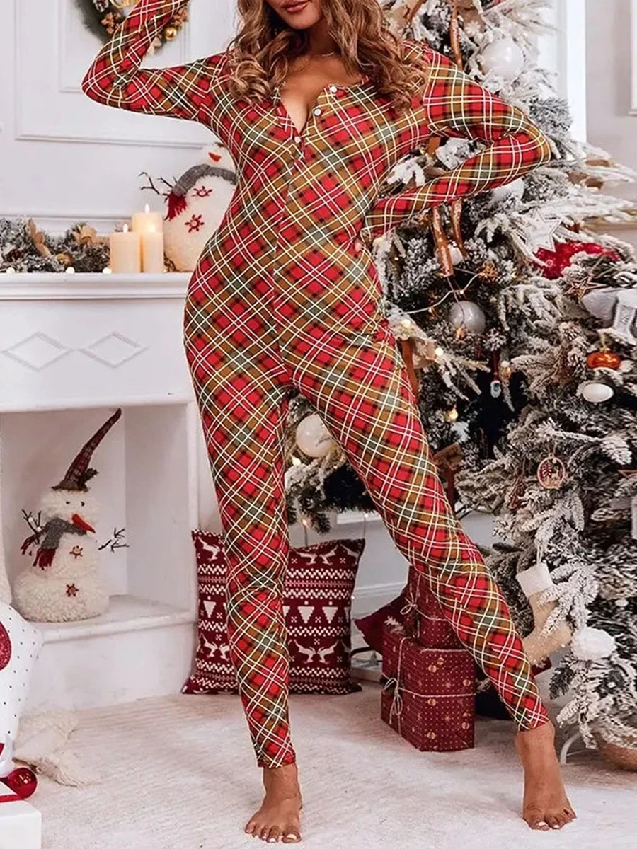 Women Christmas Pj Jumpsuit Long Sleeve Crew Neck Plaid/Snow Button Closure Bodysuit Loungewear Pajama Sleepwear