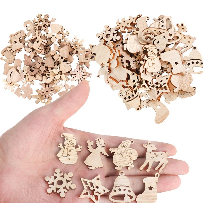 50Pcs Christmas Natural Wooden Chip Santa Claus Snowflake DIY Crafts Xmas Tree Hanging Ornament Pendant Navidad Home Decorations