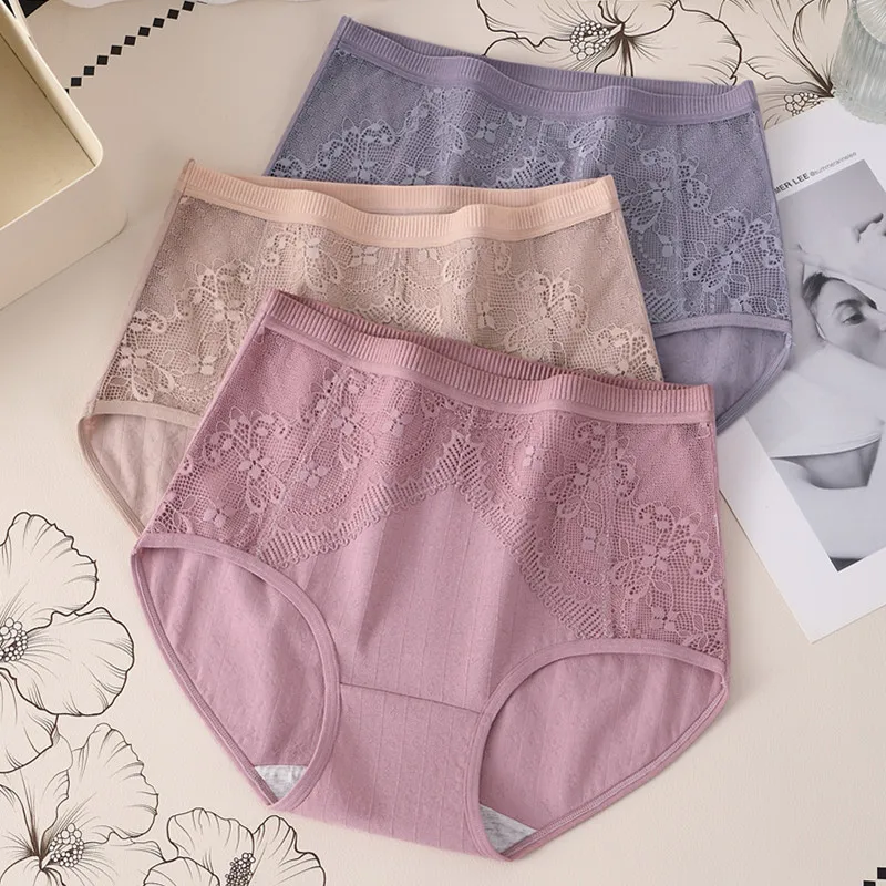 3PCS Herbst frauen Höschen Hohe Taille Sexy Atmungsaktive Jacquard Unterwäsche Briefs Weiche Reine Baumwolle Unterwäsche Bequem