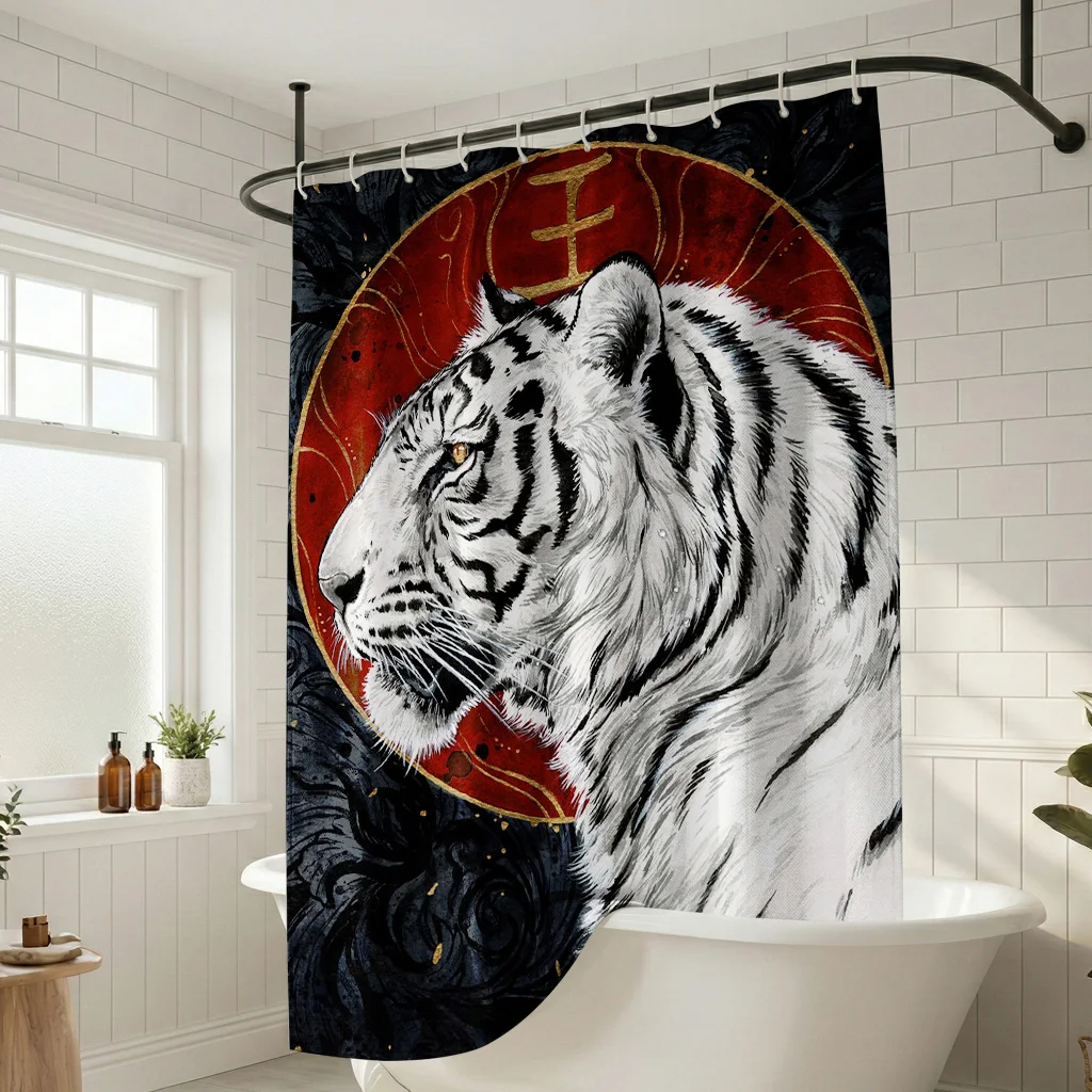 Vintage Weißer Tiger Tuschekunst Duschvorhang - Kreatives Chinesisches Design mit Roter Sonne - Innenbereich Badezimmer Deko Badvorhang