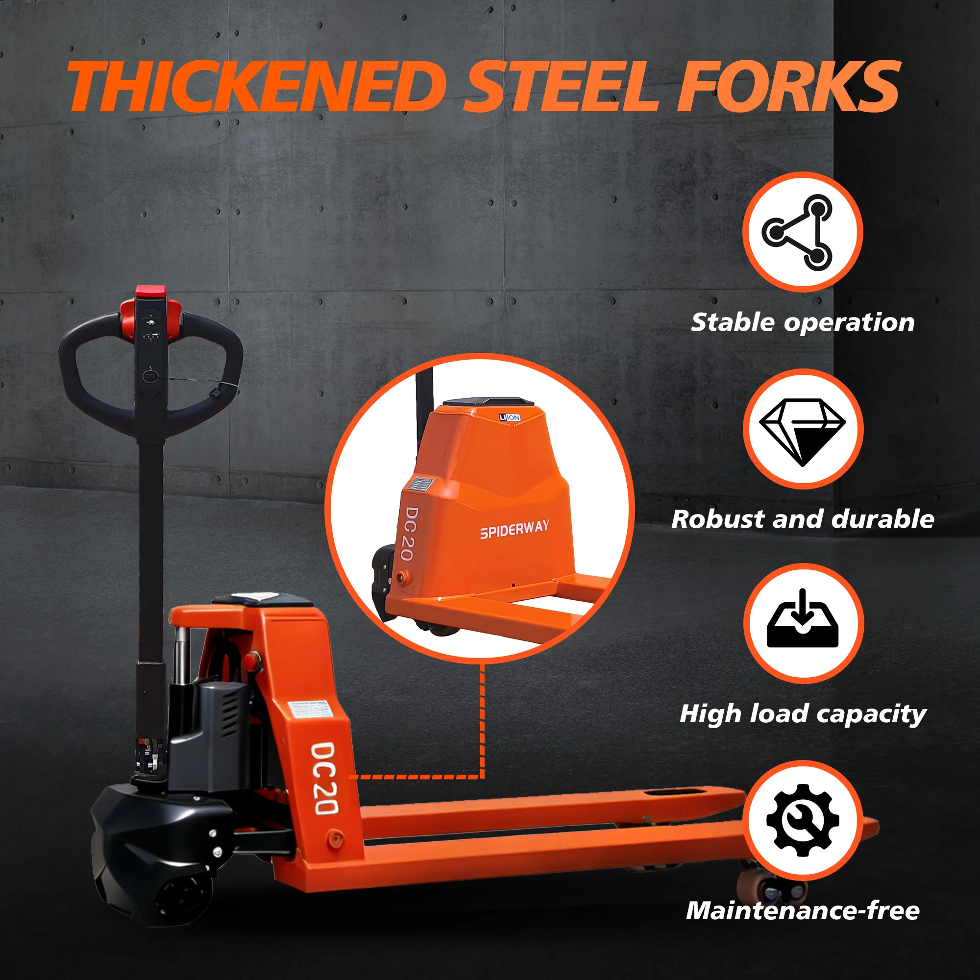 Full Electric Pallet Jack, 4400lbs Capacity Orange Pallet Truck,  48V 20Ah Lithium Battery Powered, 6-Hour Working Time Pallet Lift Trucks for Warehouse Material Handling,  3.35 to 7.68 Inch Lift Height