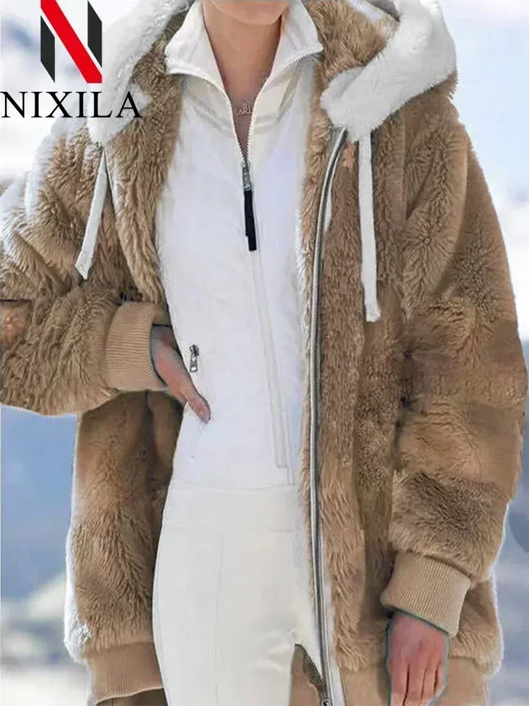 Spring Autumn Women's Fashion Coat Casual Hooded Zipper Ladies Clothes Cashmere Women Fleece Jacket Solid Color Ladies Clothing