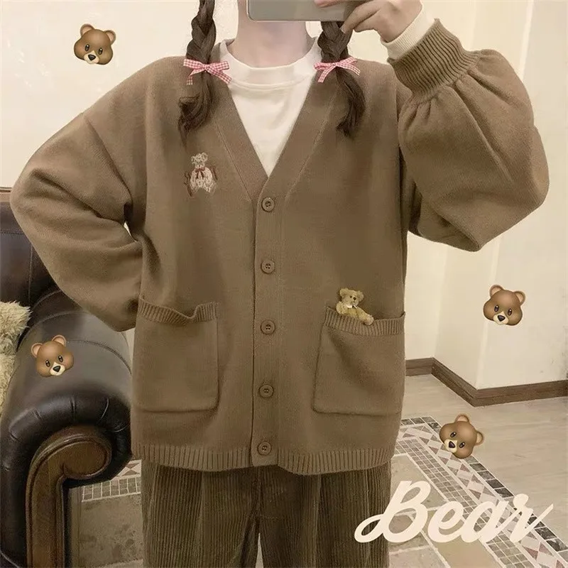 Japanese Women Long Sleeve JK Cardigan Sweet Lolita Cute Bear Embroidery Knitted Sweater Autumn Korean Mori Girl Coat Knitwear