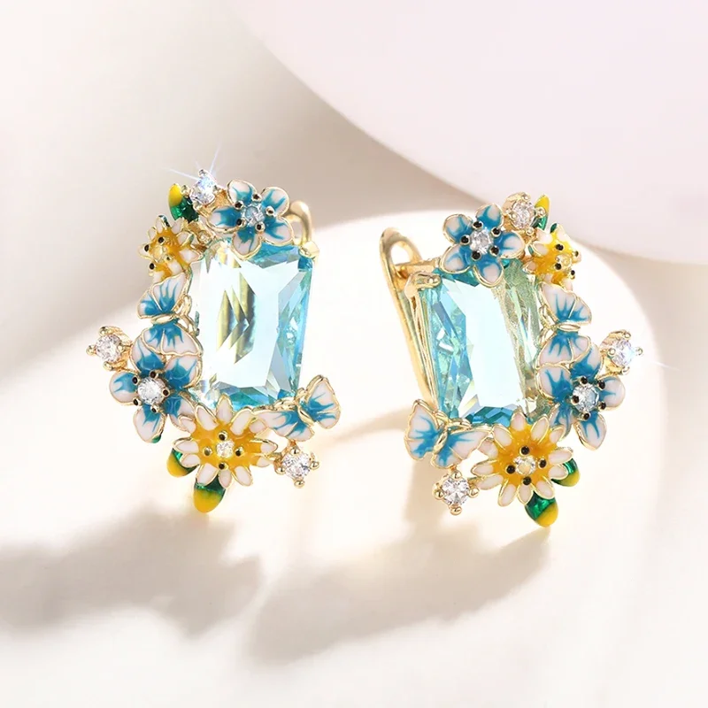 Huitan Blue Yellow Flowers Enamel Earrings with Big Sky Blue CZ Aesthetic Drop Earrings for Women Wedding Party Unique Jewelry