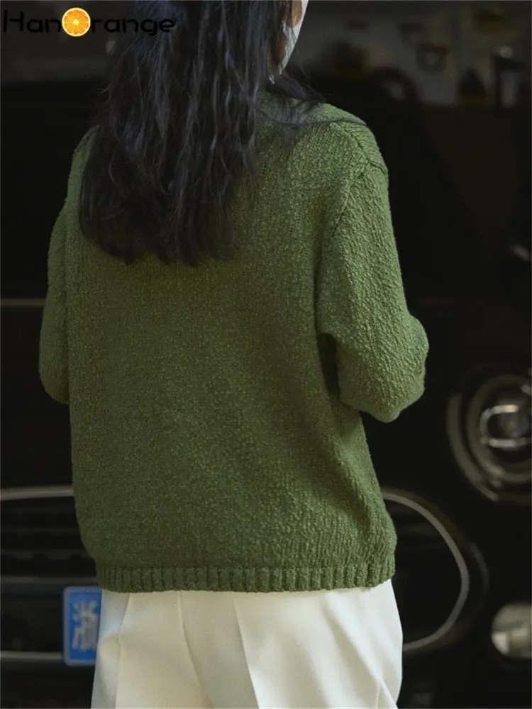 HanOrange-Cardigan Vintage à Manches sulfet Col en V pour Femme, Veste Simple et Décontractée, Disponible en Noir et Vert, Printemps 2024