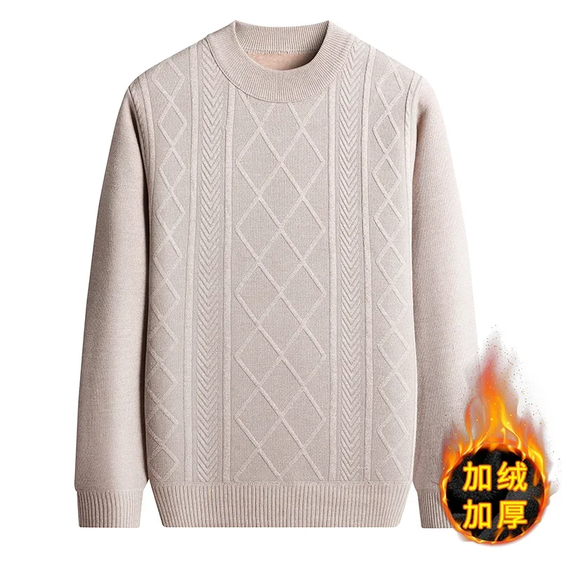 Men Crew Neck Fleece Lined Sweater Vertical Diamond Jacquard Knit Thick Thermal Long Sleeve Pullover Autumn Winter Warm Top