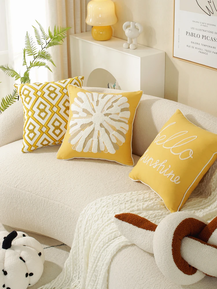 Nordic Style Pure Cotton Embroidered Cushion Cover Luxury Backrest Pad Sofa Living Room Fabric Yellow Pillowcase Home Decor
