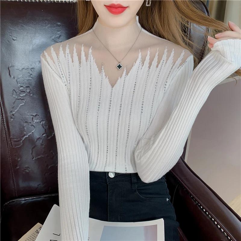 Gesplitste Mesh Gebreide Tops Herfst En Winter Mode Half Hoge Kraag Sexy Diamanten Trui Dames Lange Mouwen Slim Fit Pullover 29042