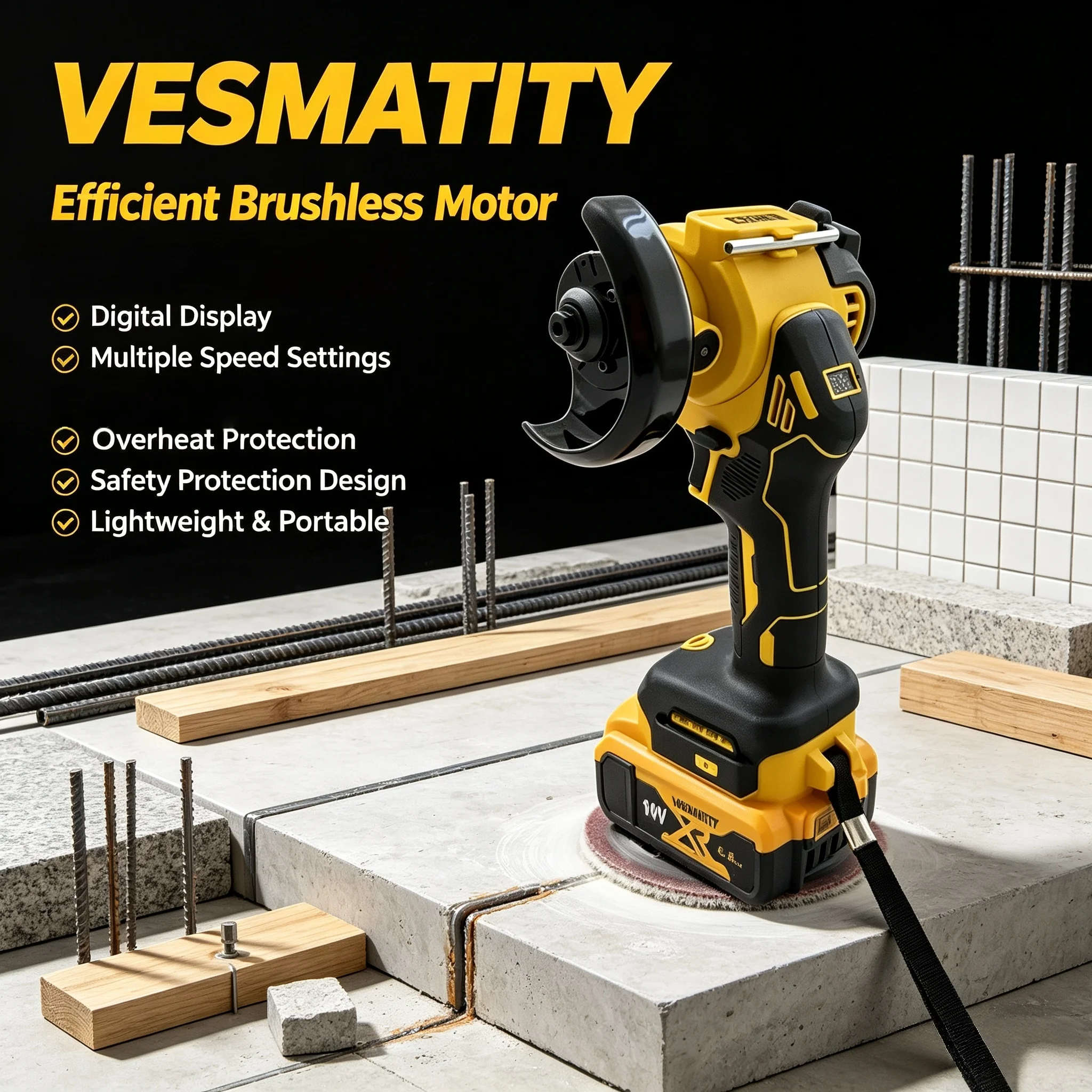 VESMATITY Cordless Angle Grinder Digital Display Polishing Grinding Machine Electric Cutting Tools For Dewalt Battery Pro Unit