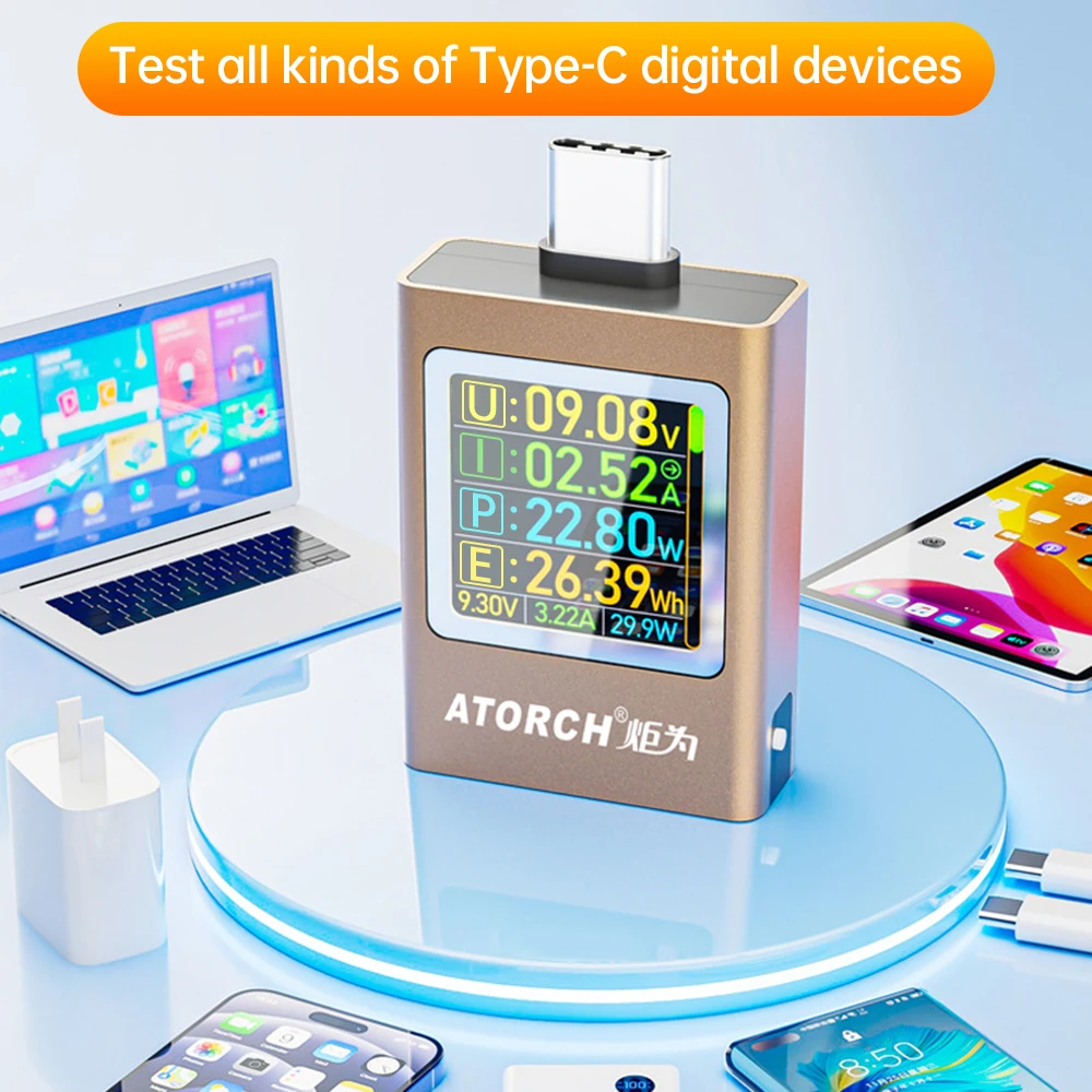 Display Digital Amperímetro de Tensão Medidor de Banco de Potência Carregador de Celular tipo c Tft G-sensor Tester At085 dc 4.550v 012a 600w Pd3.1