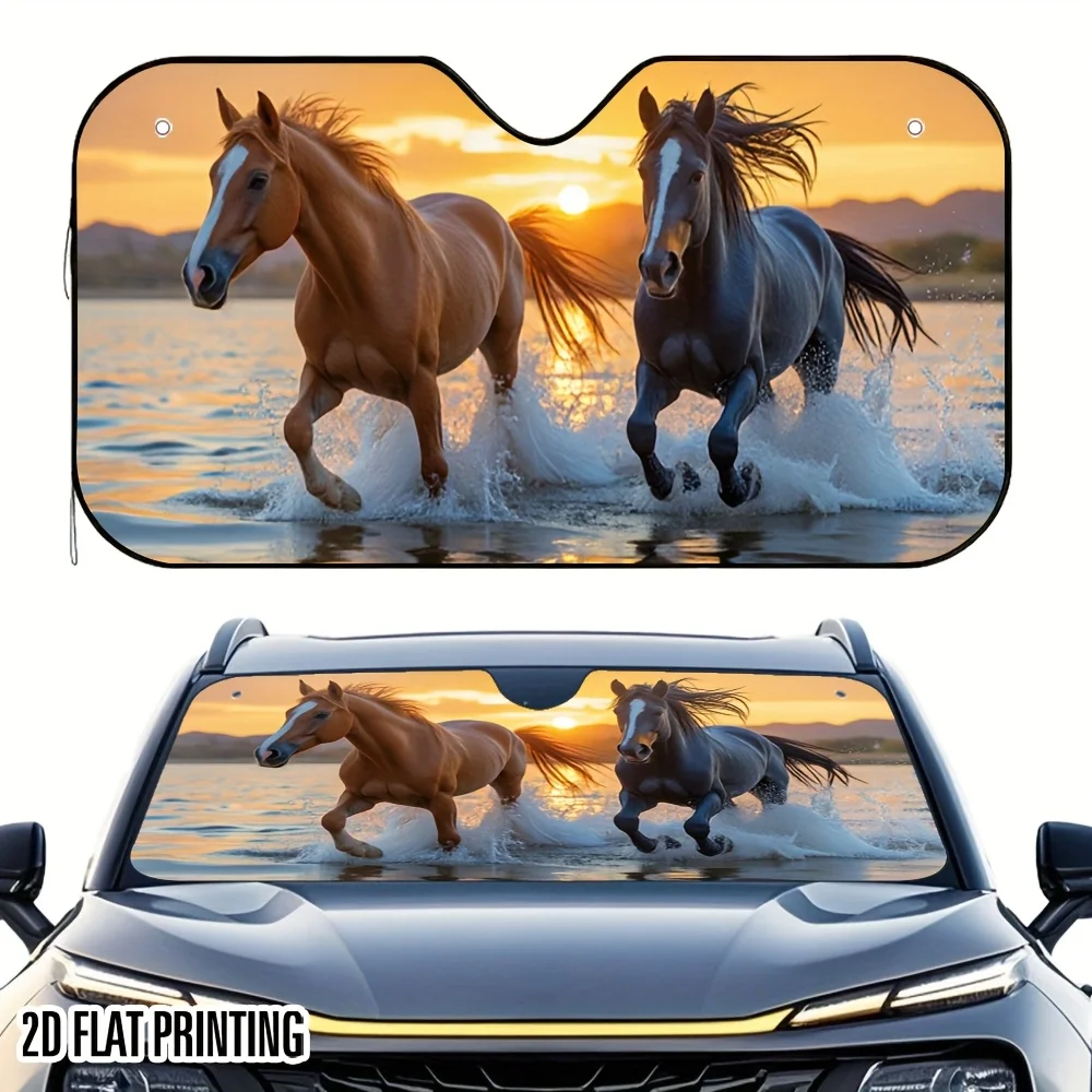 2D Flat, 1pc 2D Flat Sunset Galloping Horse Map Design Car Sunshade – Foldable & Space-Saving, Keeps Your Vehicle Cool, Easy Ins