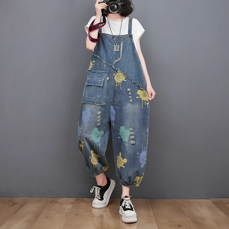Loose Casual Fashionable Denim Overalls High Waist Wide Leg Print Versatile Harajuku Style Women's Premium Quality Jeans
