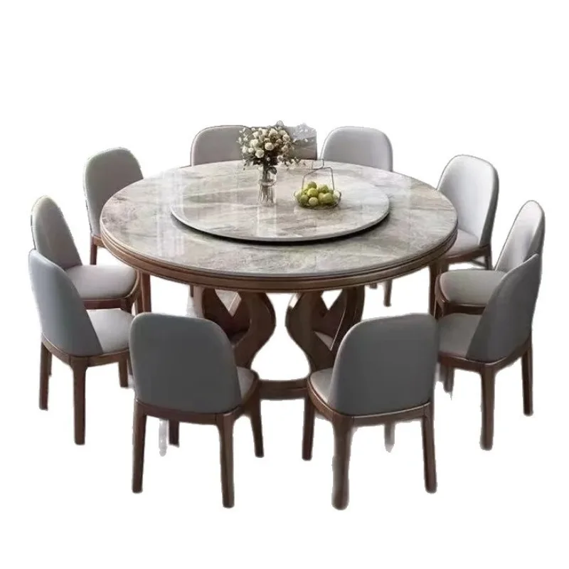 

rock slab dining table and chair combination, modern simple light hotel with turntable dining table