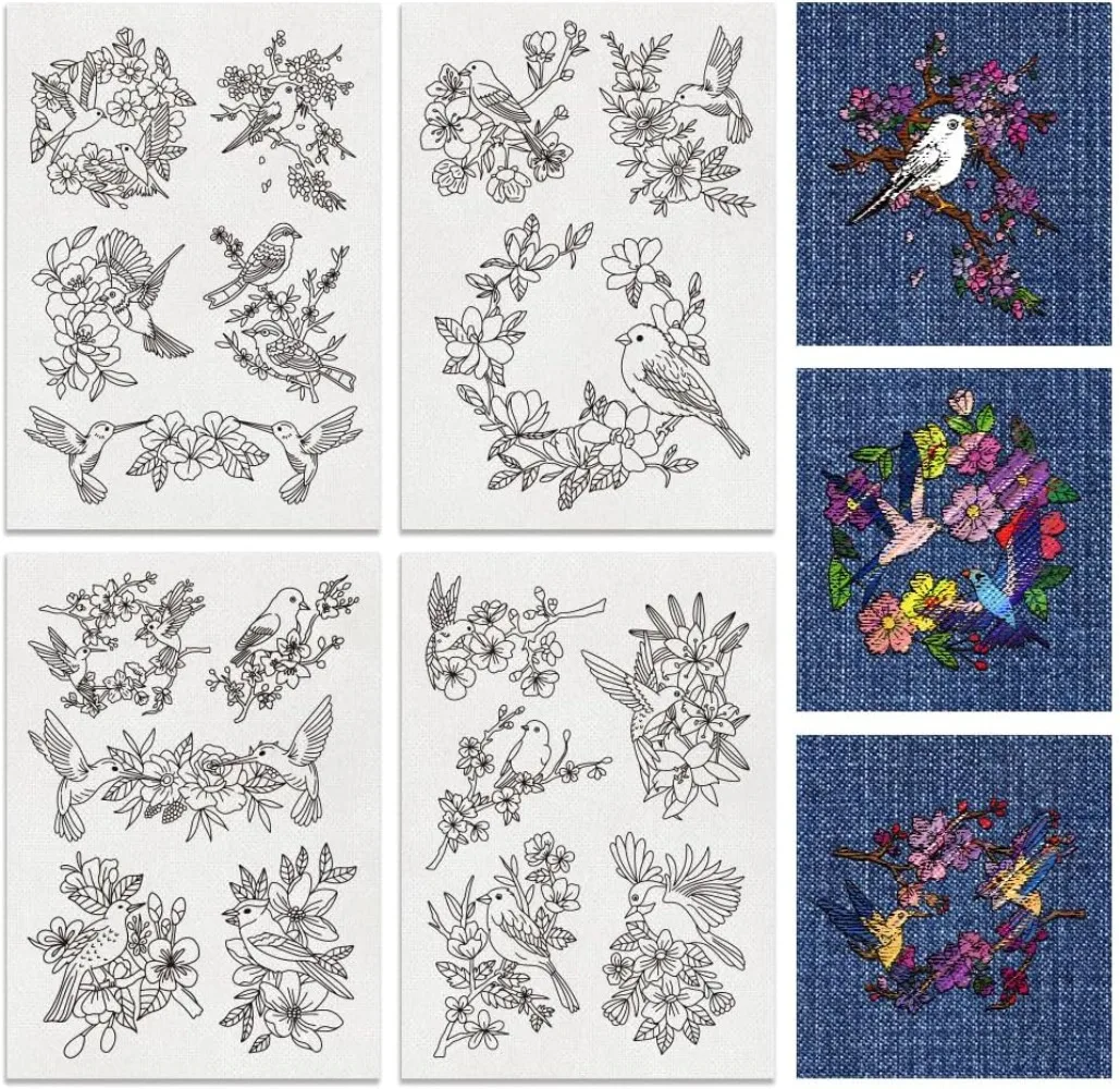 4Sheets 18Pcs Water Soluble Embroidery, 11.7x8.3inch Birds and Flowers Pattern Transfers Water Soluble Stabilizer for Embroidery