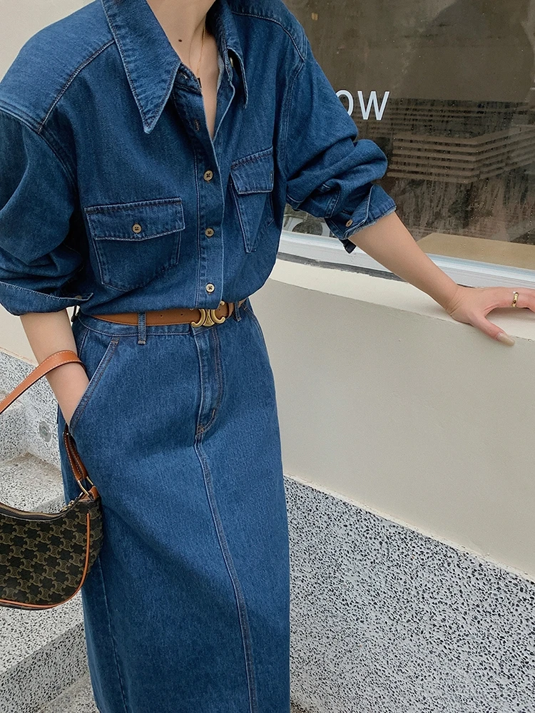 

JWUNIQUE женский синий джинсовый комплект с юбкой с высокой талией, винтажный комплект весенне-осенней коллекции из смеси хлопка, модная