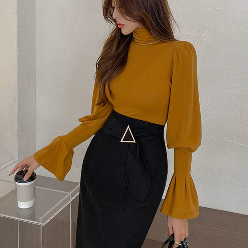 Matakawa Ropa Mujer Solid dolcevita Solid Puff Sleeve Office Lady autunno inverno T-Shirt donna top elegante All Match T Shirt