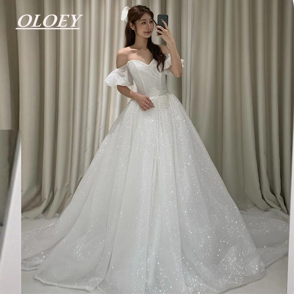 OLOEY Luxury Waist Beads Glitter A-line Wedding Dress Sweetheart Neck Puffy Bridal Gown Lacing Back Customized Korea Photoshoot