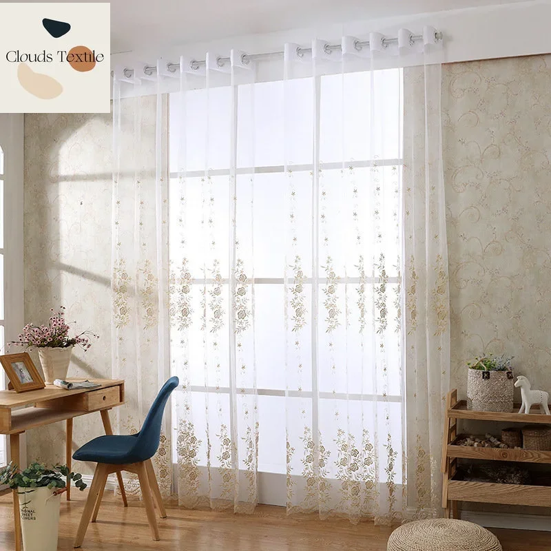 Luxo moderno rosa sheer cortina para quarto cozinha cortinas para sala de estar design floral tule janela triagem fio