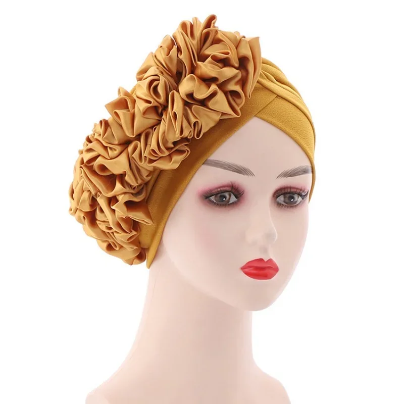 African Big Flower Turban For Women Muslin Hajabs Hat Pleated Beanie Headwrap Caps Islamic Indian Ladies Fashion Bonnet Headwear