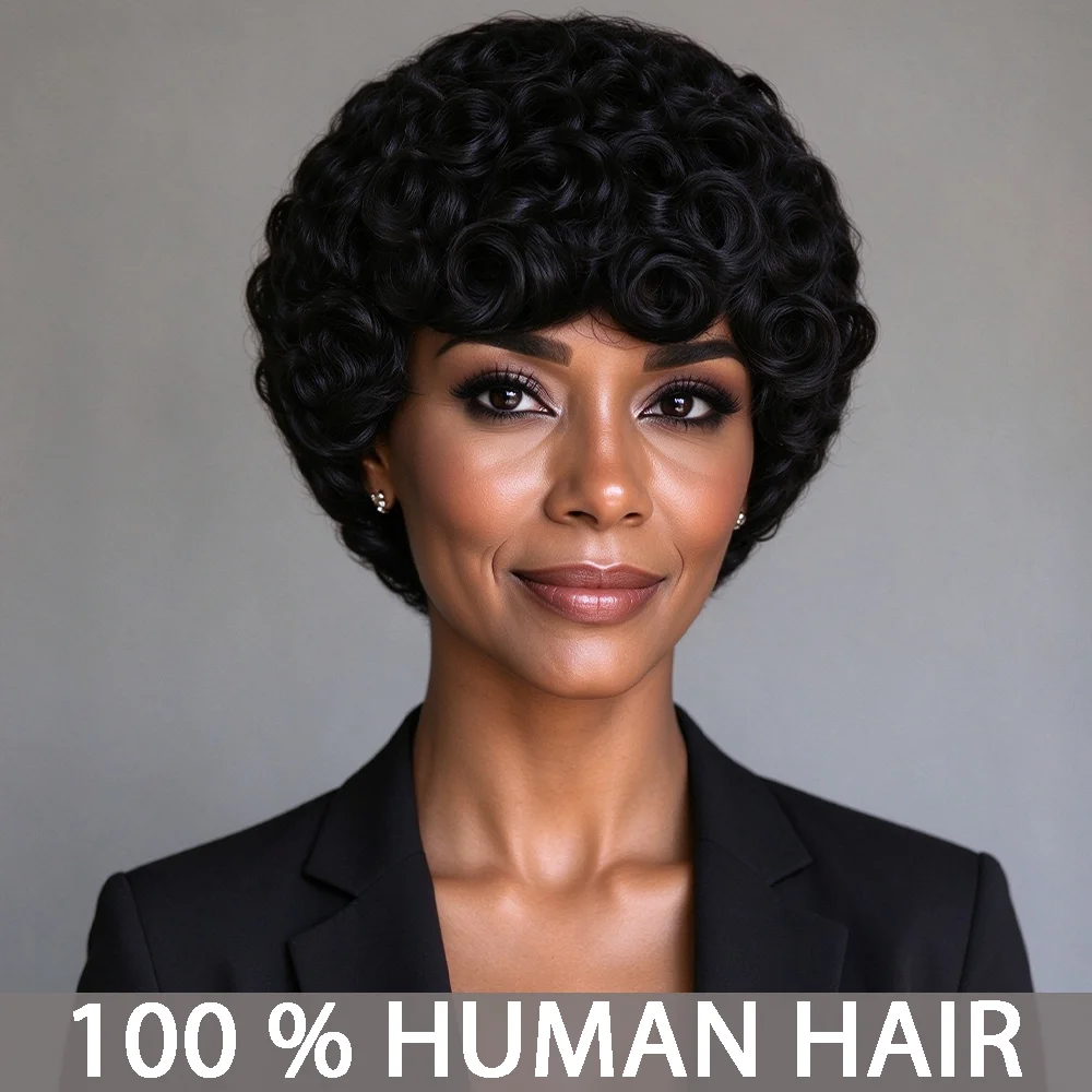 Pixie Cut Wigs For Women Brazilian Virgin Curly Wave Human Hair Glueless Short Layered Pixie Cut Curly Wigs With Bangs For Daily