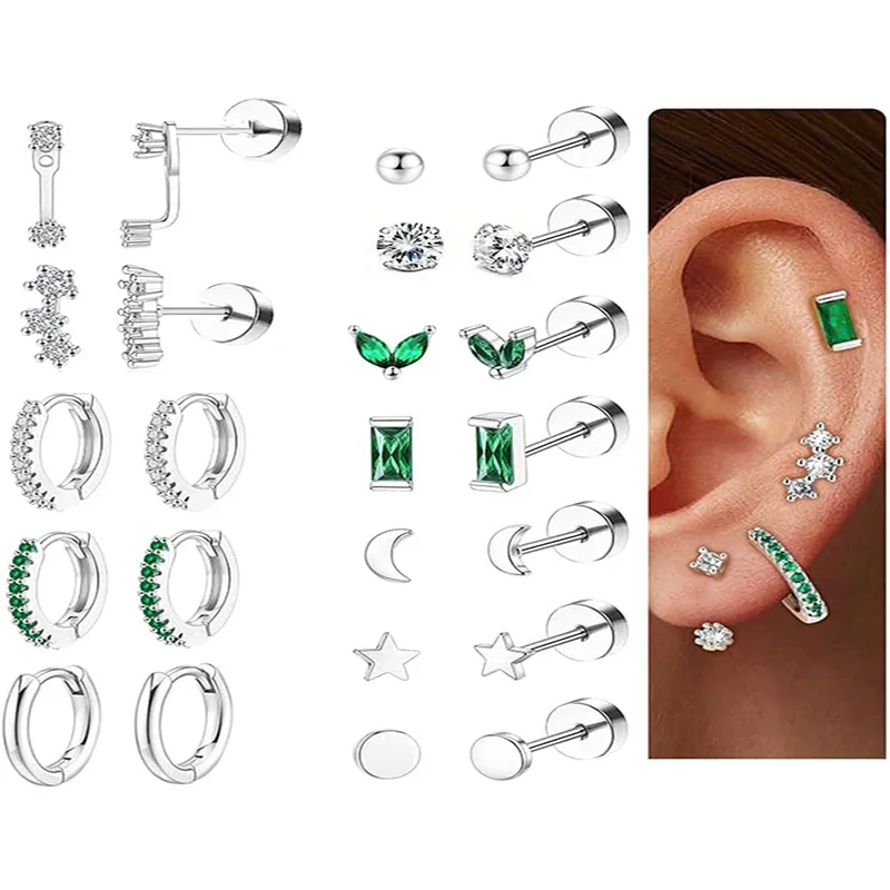 2Pcs 20G Dainty Stainless Steel Flat Back Stud Earrings for Women, Hypoallergenic Cartilage Earrings Small Huggie Hoop Earrings