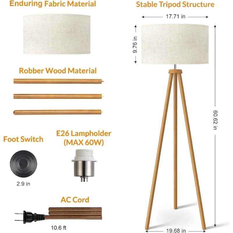 Houten Statief Vloerlamp, Midden Eeuw Staande Lamp Voor Woonkamer, Vlas Lampenkap, Modern Design Staande Lamp