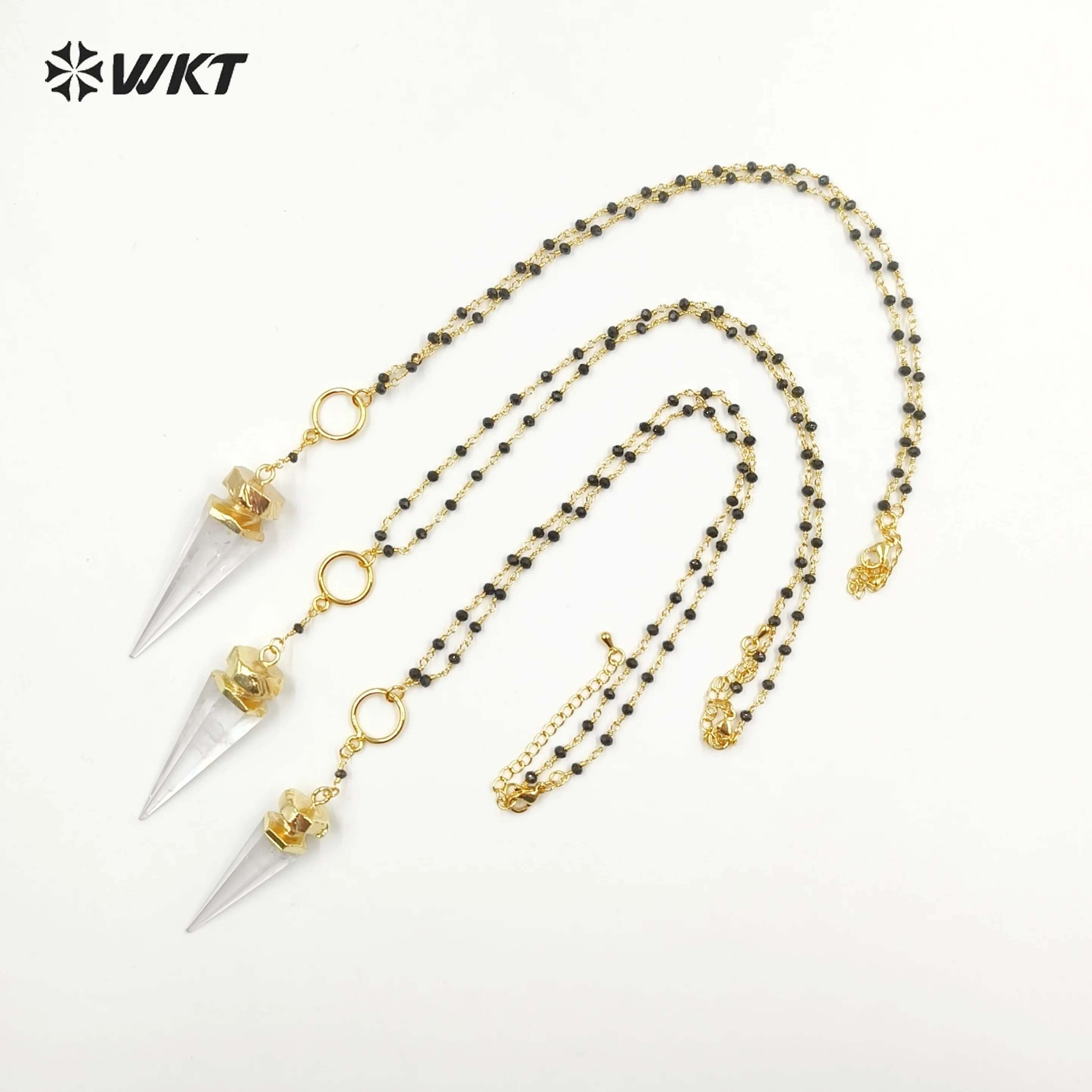 WT-N231 Amazing 18k real gold plated Natural long healing crystal quartz point pendant necklace women lucky stone beads chain