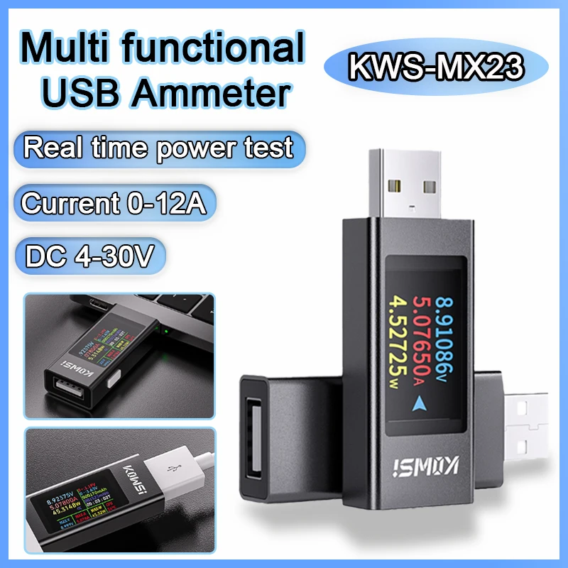 KWS-MX23 USB Tester DC Voltage Meter Digital Display Ammeter Power Meter Charging Tester DC 4-30V 0-12A Current Voltage Monitor