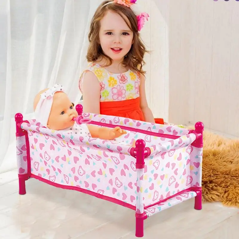 Kid Doll Bed Realistic Children Doll Folding Crib Bed Doll Accessories Simulation Game Pretend Play Toy For Boys And Girls Gift