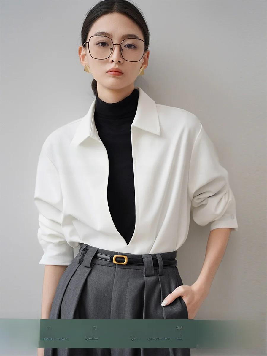 

Achu Simple Layered White V-ne Overlap Turtlene Loose Women's irt Commute Light Office Top Long Sve Color