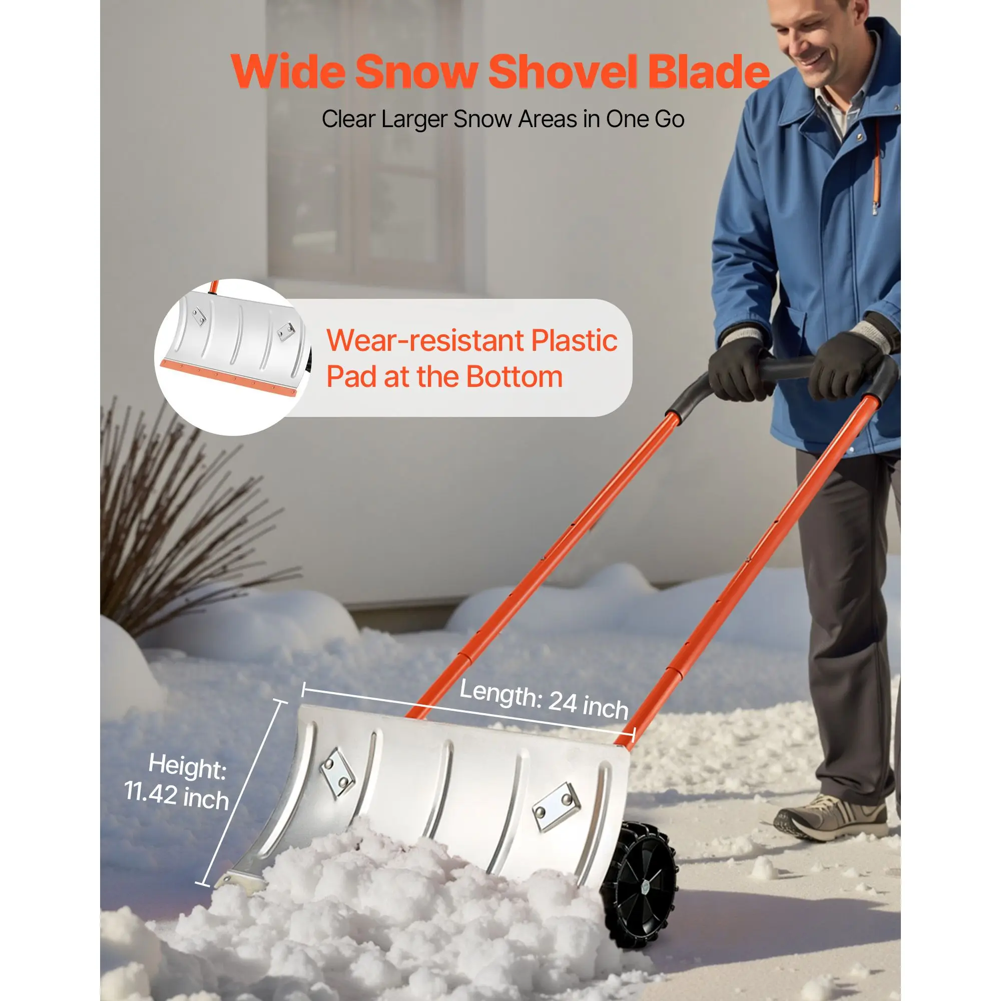 Snow Pusher Shovel with Wheels, 24 in Snowplow Bi-Directional Angled Blade & 90 Degree Adjustable Handle, Metal Winter, Portable