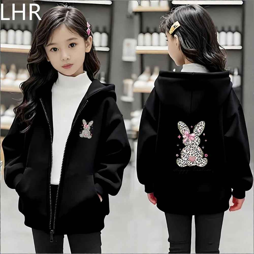 Girl Purple Hoodie Leopard Print Bunny Outdoors Coat Children Zip Up Tops Pink Black Gray Thicken Hoodies Kid Zipper Style