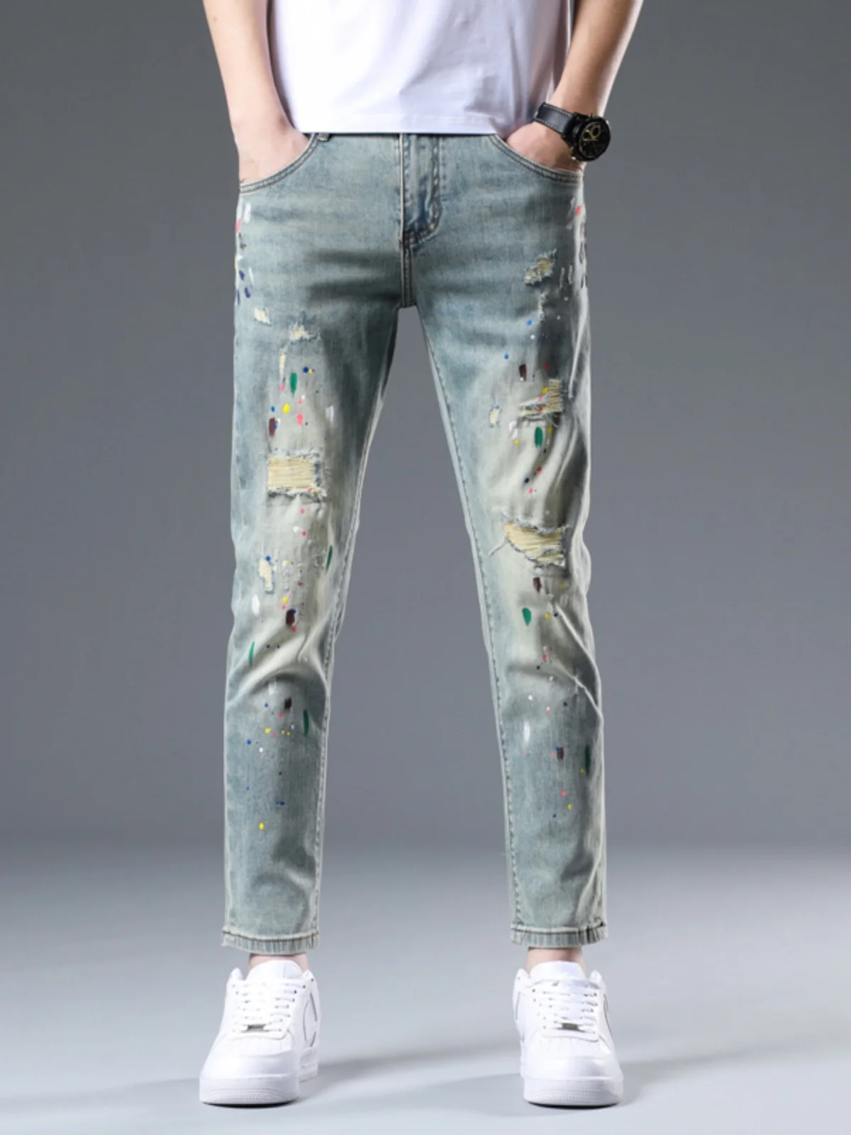 

Мужские повседневные джинсы слим-фит из денима с прорезями, укороченные, из тонкого хлопка, эластичные, со средней посадкой, на молнии, дышащие, современные, стильные