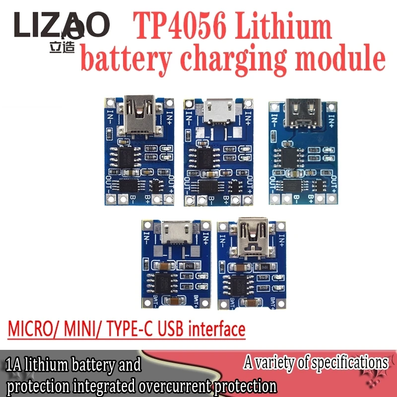 LIZAO 18650 Charger Board 5V Type-C Micro USB 1A Lithium Battery Charging Module With Protection for DIY Projects
