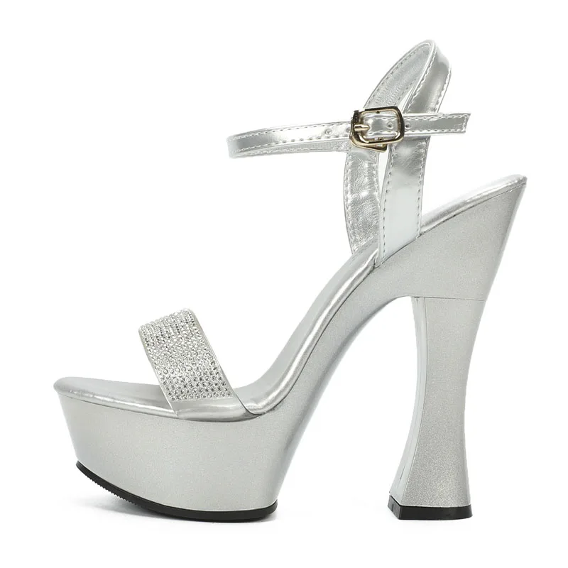 

14cm Coarse Heel Sexy Fetish Women's Shoes Nightclub Rhinestone Open Toe Bride Exotic Strip Pole Dance Catwalk Gothic Plus Size