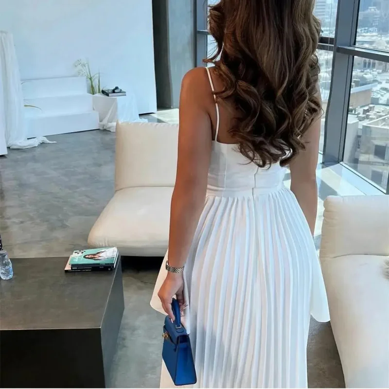 Indie White A Line Evening Gown Women customized Spaghetti Strap Pleated Party Prom Dress Ankle Length Special Occasion Dresses