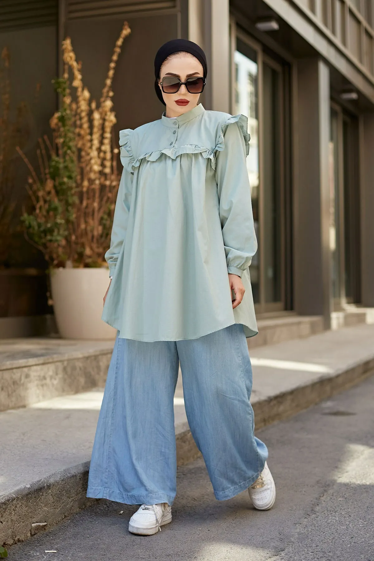 Shoulder Frilly Tunic-Mint Winter Autumn 2021 Muslim Women Hijab headscarf Islamic Turkey