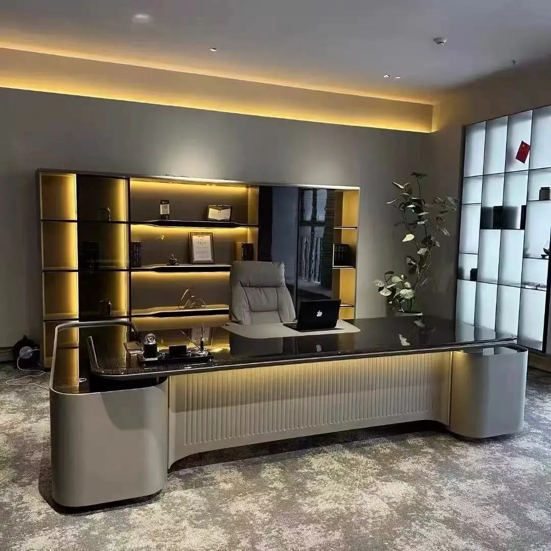 High-end boss table Light luxury high-end desk Leadership President Modern ebony leather baking paint Chairperson