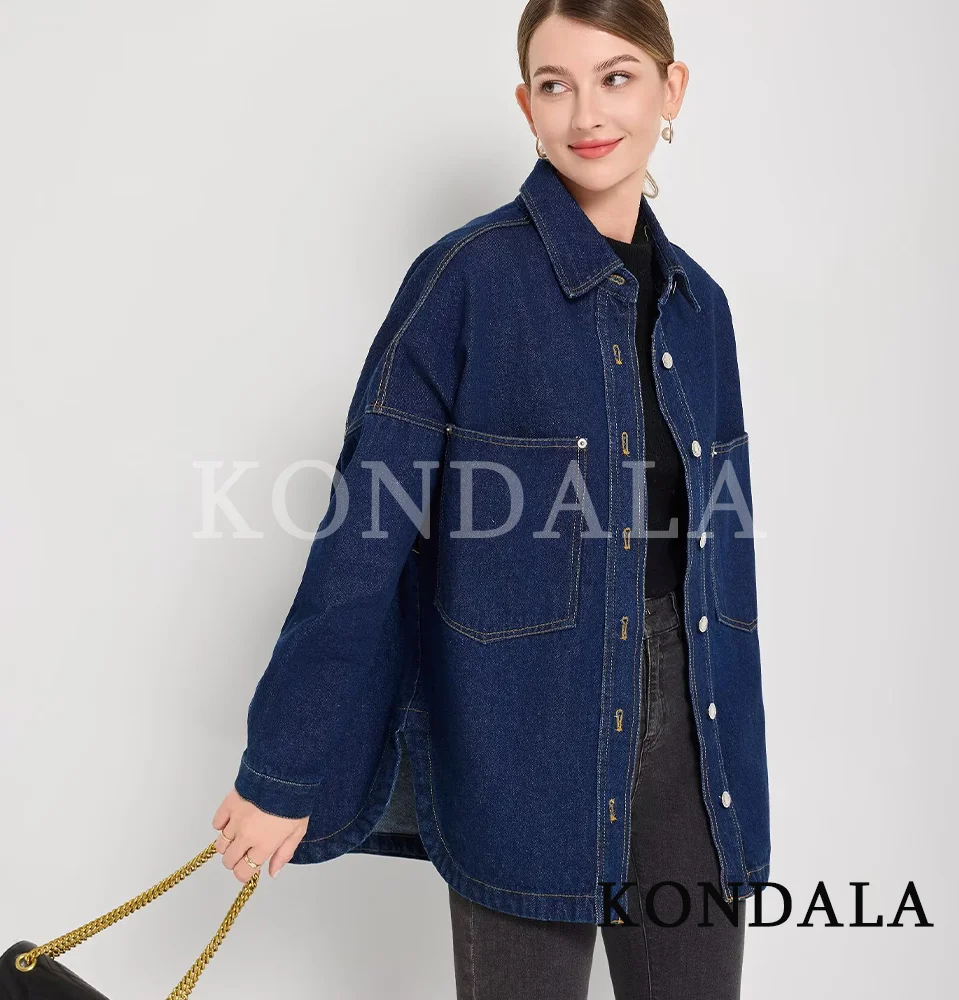 

KONDALA, повседневные классические свободные джинсовые рубашки, женские потертые синие осенние рубашки на пуговицах, весна-осень 2021, модные женские рубашки для поездок на работу