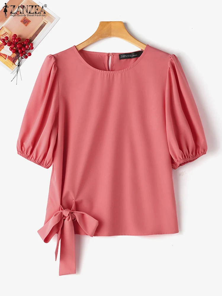 ZANZEA informal-Blusa de manga corta con cordones para mujer, Camisa lisa a la moda para oficina, Tops de trabajo OL elegantes para mujer, Blusas de fiesta para mujer 2024