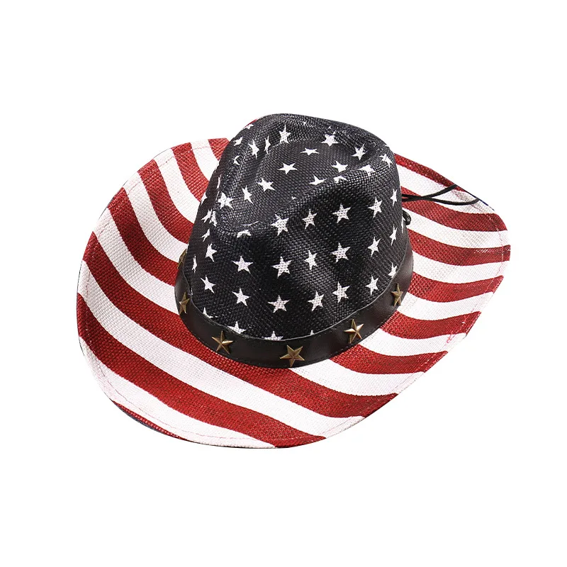 USA Flag Retro Fashion Western Cowboy Hat for Women Men Paper Straw Wide Brim Sun Protection Hat Cowgirl Cap Sombreros De Mujer