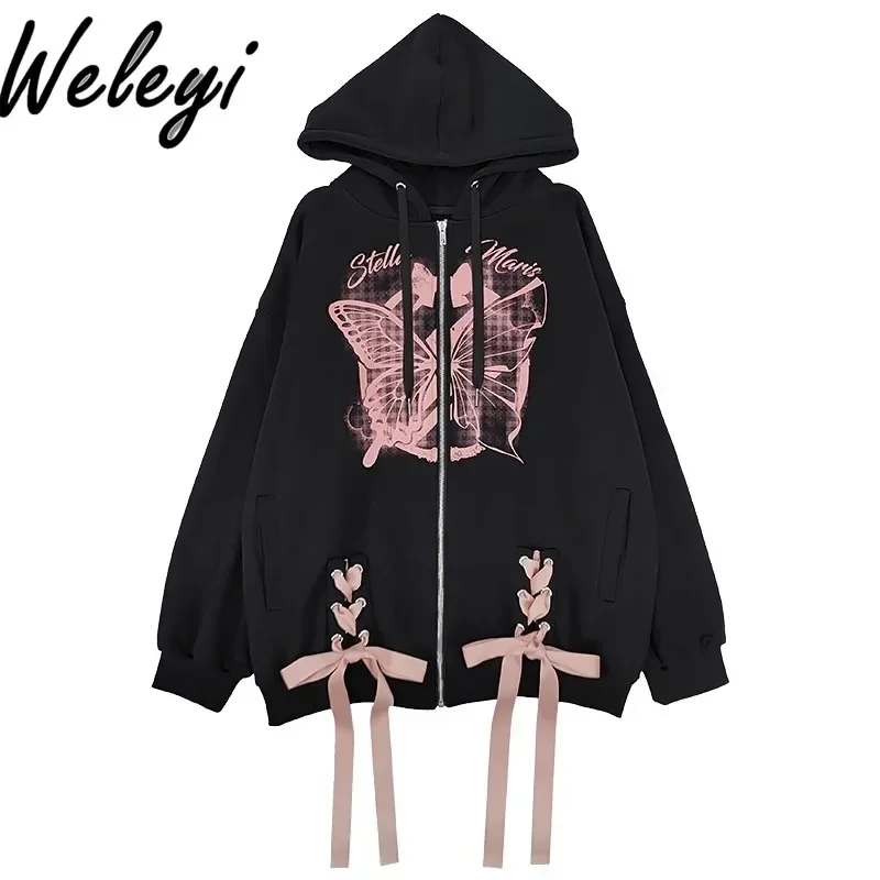 New Women's Hooded Zipper Sweatshirt 2024 Autumn and Winter Clothes Versatile Cute Bow Ribbon Printed Black Fashion Loose Coats