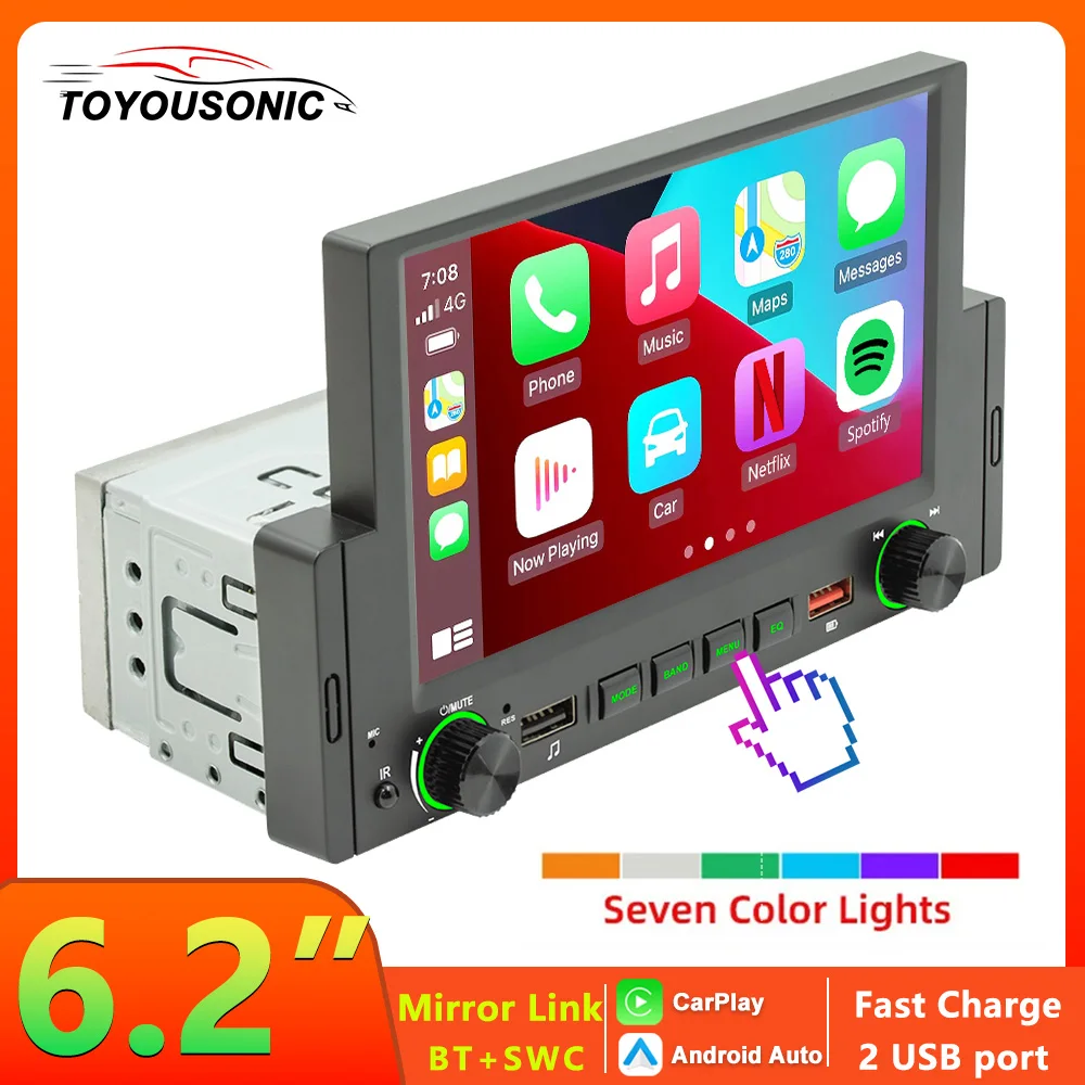 

TOYOUSONIC 1 din 6.2 inch Car Radio Universal MP5 Autoradio Multimedia Player 2 USB 7 Lights Carplay Android Auto BT Car Stereo